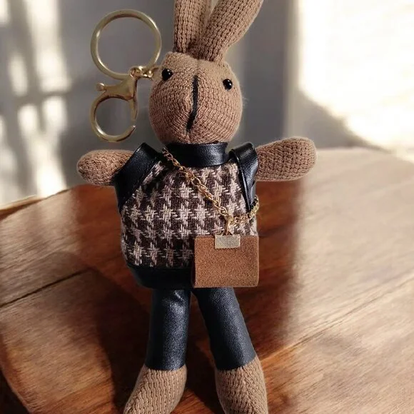 โค๏ธ7" Bunny Keychain Bag Charm Wearing Houndstooth Sweater & Crossbody Purse - Picture 4 of 9